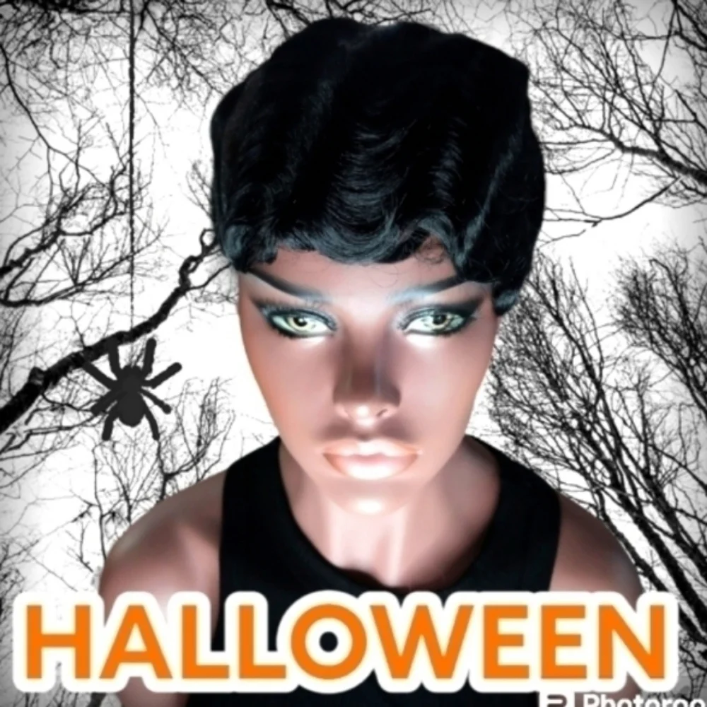 Black Short Finger Wave Synthetic Wig Halloween Cosplay